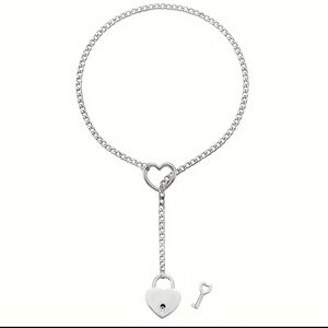 Silver Heart O-ring & Functional Pad Lock With Key Choker Leash Necklace (33in)